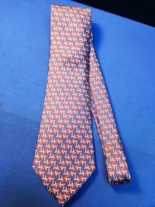 Vintage Hermes Paris Tie Red Blues Horseshoe Ribbon Pattern 100% Silk 7990 EA - Picture 1 of 6