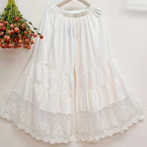 Lady Lace Cotton Trousers Flared Wide Leg Ankle Length Pants Summer Sweet Casual - Picture 1 of 13