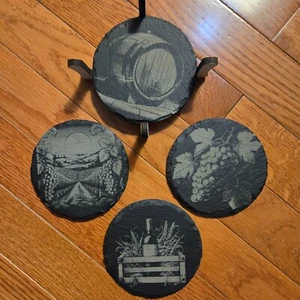 4 Pc Wine Theme engraved Slate Round Coaster set with wood holder - Picture 1 of 5