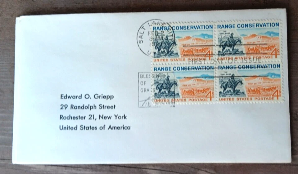 RANGE CONSERVATION COWBOY & HORES  STAMP BLOCK 1961  NO CACHET FDC - Image 1 of 1