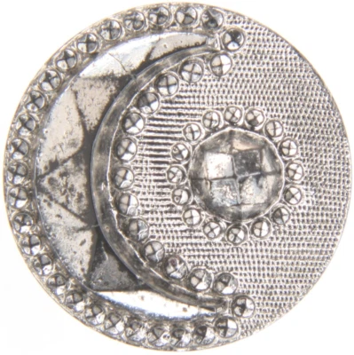 C1880s Victoriano Vidrio Negro Media Luna Estrella o Sol y Luna Botón Brillo Plateado Foto 1 de 3