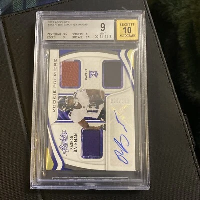 2021 Absolute #213 Rashod Bateman JSY AU/399 EXCH BGS Graded Mint 9 Auto 10 - Image 1 of 3