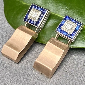 14K 18K White Yellow Gold Blue Sapphire Square Halo Vintage Art Deco Earrings - Picture 1 of 22