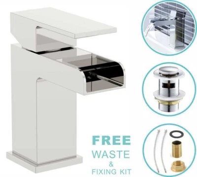 ONLY-PLUMBING NEW Modern Waterfall Bathroom Tap Basin Sink Mono Mixer Chrome Cloakroom + Waste