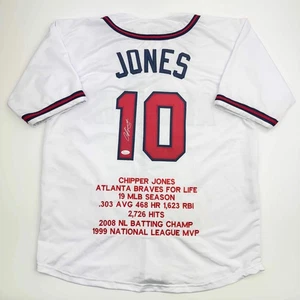 Autographed/Signed CHIPPER JONES Atlanta White Stat Baseball Jersey JSA COA Auto - Picture 1 of 4