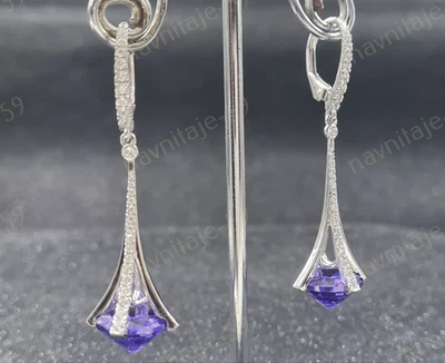Wedding Drop Dangle Earring 14K White Gold Plated Simulated Round Cut Amethyst - Image 1 of 4