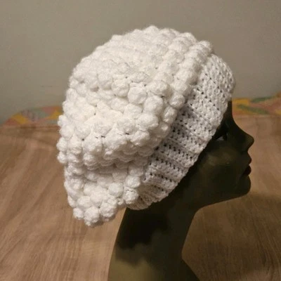 Hand-Made - Knitted Winter Beret  Slouch Bubble Knit Hat - One-Size White Warm! - Image 1 of 4