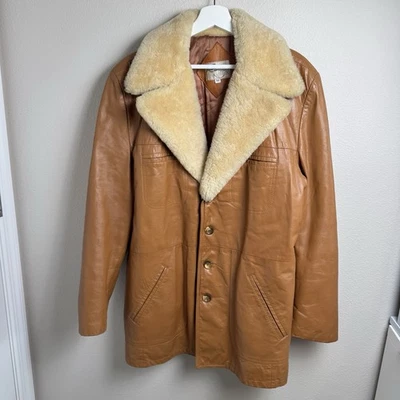 Abrigo chaqueta de cuero marrón cuello de oveja occidental vintage REMY para hombre talla 46 Foto 1 de 4