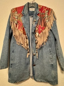 Lorraine Wardy Western Denim Fringe Embellished Jacket Blazer Medium Vintage 80s - Picture 1 of 17