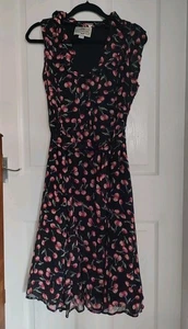 Collectif Shirt Dress 14 Black Red Cherry Cherries Print 50s Rockabilly Flare - Picture 1 of 11