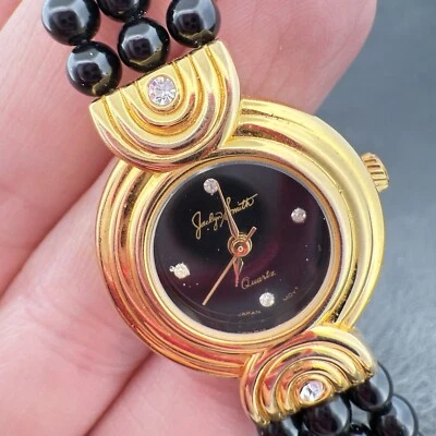 RELOJ JACLYN SMITH 💖 VINTAGE 💖 PEDRERÍA DORADA CUENTAS NEGRAS CORREA DE 3 HILOS Foto 1 de 4