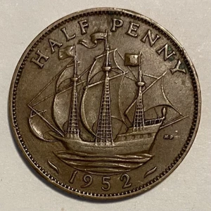 1952 UK Great Britain British Half 1/2 Penny Warship Coin - Picture 1 of 2