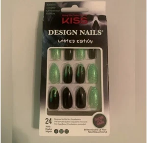 KISS Design Nails Halloween Glow In The Dark *Black/Green Shimmer-Almond* RARE - Picture 1 of 1