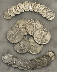 $5 Face 90% Silver 6 Walking Liberty Half Dollar 20 Mercury Dime Choose # Lots - Picture 1 of 6