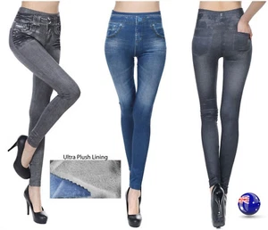 Women Denim Jeans look Warm Plush Velvet Fleece Slim Leggings Jeggings Pants  - Picture 1 of 14