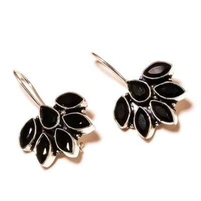 Mid Night Black Onyx Natural Cut Gemstone SilverOverlay Handmade Dangle Earrings - Image 1 of 3