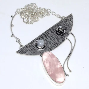 Rose Quartz Rainbow Moonstone 925 Silver Plated Necklace 17" Aesthetic AU Z201 - Picture 1 of 3