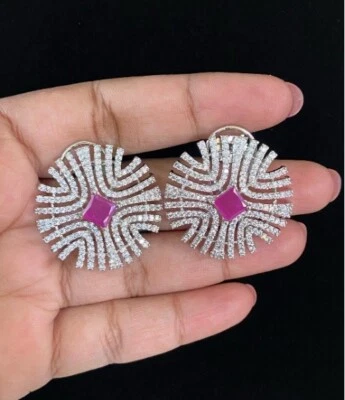 Simulated 9.72TCW Princess Ruby & Round Sapphire Flower Stud Wedding Earrings - Image 1 of 4