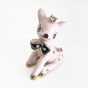 Estatuilla de reno ciervo con estrás de porcelana rosa arco negro rosas mediados de siglo 4 pulgadas - Imagen 1 de 10