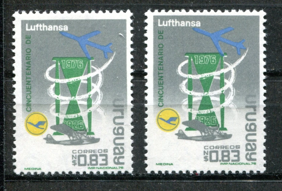URUGUAY 1976, LUFTHANSA AIRLINE - 50TH ANNIV., HOURGLASS, PLANES Sc 937 x 2 MNH - Image 1 of 1