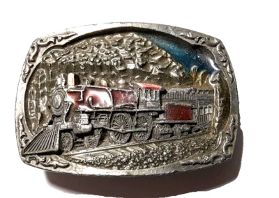 Locomotora de vapor C&J INC. 1991 hebilla de cinturón peltre con colores rojo y azul tren EE. UU. Foto 1 de 2