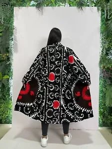 Uzbek Handmade Suzani Embroidery Coat, Vintage Chapan Robe, Ikat Cotton Jacket - Picture 1 of 12