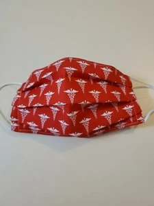 Adult Face Mask, Caduceus Fabric Print, White Insignia Red Background, EMS - Picture 1 of 2