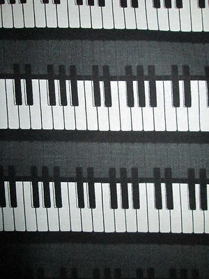 PIANO KEYBOARD MUSIC BLACK WHITE UPRIGHT COTTON FABRIC FQ - Image 1 of 4