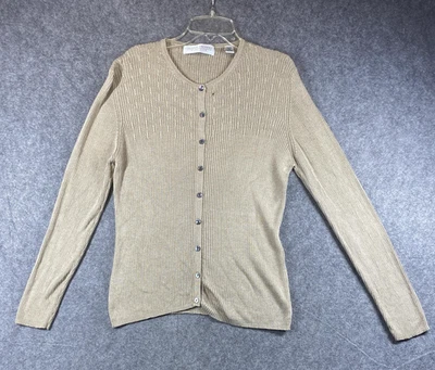 Cárdigan suéter Valerie Stevens para mujer beige mediano seda acanalado tejido con cable Foto 1 de 4