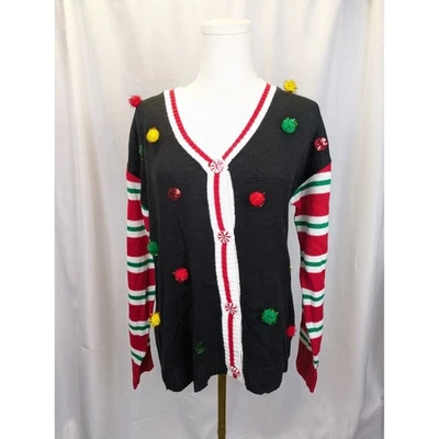 Suéter Feo Navidad Cárdigan Caramelo Abotonado Mujer M Rojo Verde Pom Pom Nuevo con Etiquetas Foto 1 de 4