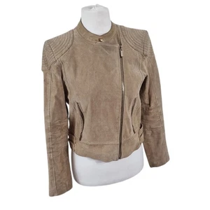 Mango Womens Suede Leather Biker Jacket M Taupe Genuine Leather Moto - Picture 1 of 17