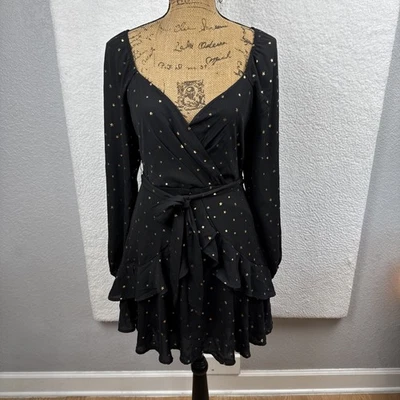 Women’s Wrap Mini Dress Ruffles Black Gold stars Dark Fairy Whimsigoth Witchy M - Image 1 of 4
