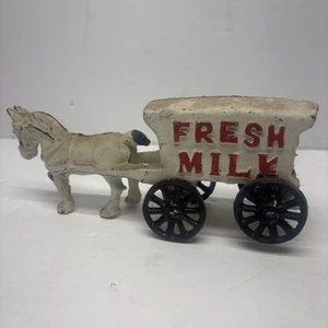 Antique Cast Iron Fresh Milk Horse Drawn Carriage Toy With Wheels - Picture 1 of 10