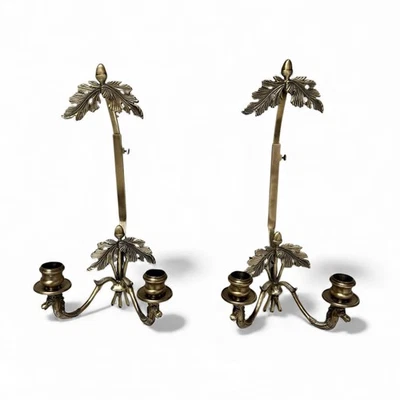 Vintage Ornate Brass Candlestick & Picture Holders Wall Sconces Two Arm Oak Leaf - Image 1 of 4