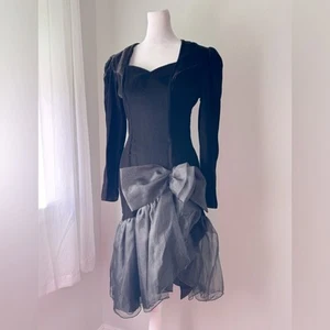 Vintage ‘90s Opera by Richards Black Velvet Drop Waist Cocktail Midi Dress - Picture 1 of 7