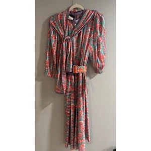 Diane Freis Maxi Dress Georgette Floral belt Waist Long Sleeve One Size VTG - Picture 1 of 13