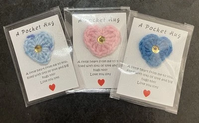 ❤️3 CUTE Hand Crochet Heart POCKET HUG Pink Blue Keepsake Sequin Christmas gift - Image 1 of 4