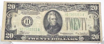 1934 $ 20 (Twenty Dollars)  Green Seal FEDERAL RESERVE NOTE Serial H 17902313 A - Image 1 of 2