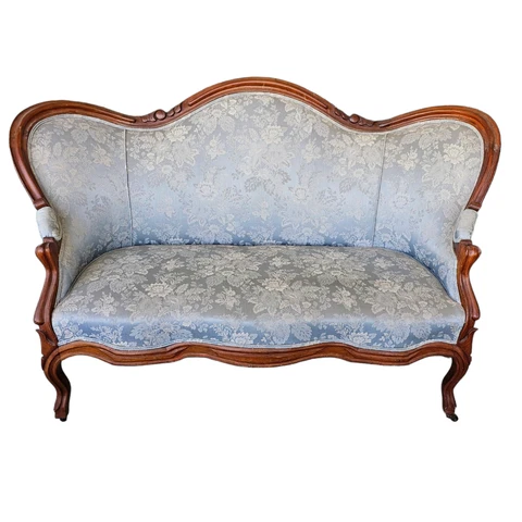 Antique French Settee Blue Damask Floral Patterns Wood Furniture Late 19th C Cover