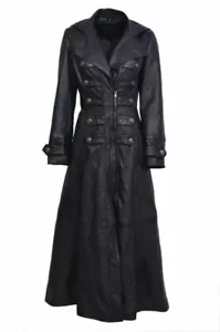 Womens Leather Black Long Winter Coat Steampunk Costume Gothic Overcoat - Picture 1 of 5