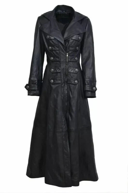 Womens Leather Black Long Winter Coat Steampunk Costume Gothic Overcoat - Image 1 of 4