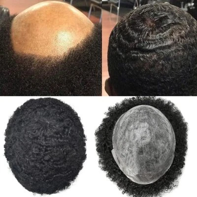 Afro Curl Mens Toupee Full Poly Skin Pu African American Hair System Replacement - Image 1 of 4