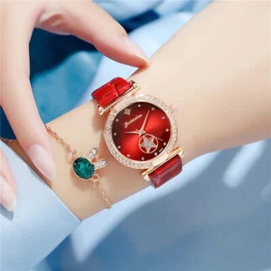 Simple Glossy Rhinestone Ladies Leather Strap Quartz Watch - Picture 1 of 16