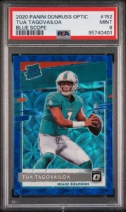 Donruss Optic Tua Tagovailoa 2020 mira telescópica azul Prizm Rookie #152 PSA 9 como nueva - Imagen 1 de 2
