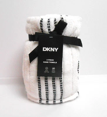 DKNY Juego de 2 Toallas Blancas Gruesas de Mano Rayas Bordadas Negras 18" x 28" Foto 1 de 2