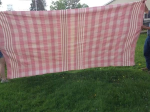 Vintage 1930's / 40's DOUBLE LENGTH Pink checks stripes CAMP BLANKET 70 X 144 - Picture 1 of 5
