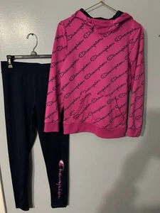 Champion Hoodie Sweatshirt And Leggings Set Pink Navy Girls Sz 14/16 - Picture 1 of 5