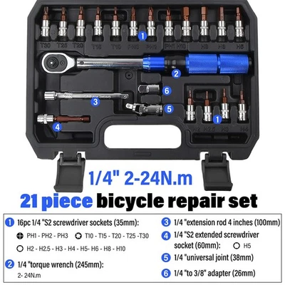 1/4'' Drive Click 2-24Nm 21 PCS Torque Wrench Set Professional Bicycle Bike Tool