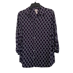 Chico’s Women’s Sz 2(L) 3/4 Sleeve Purple And White Blouse - Picture 1 of 6