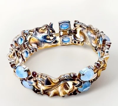 VTG Crown TRIFARI Sterling Philippe Moonstone Cabochons Gold Leaves Bracelet. - Image 1 of 4